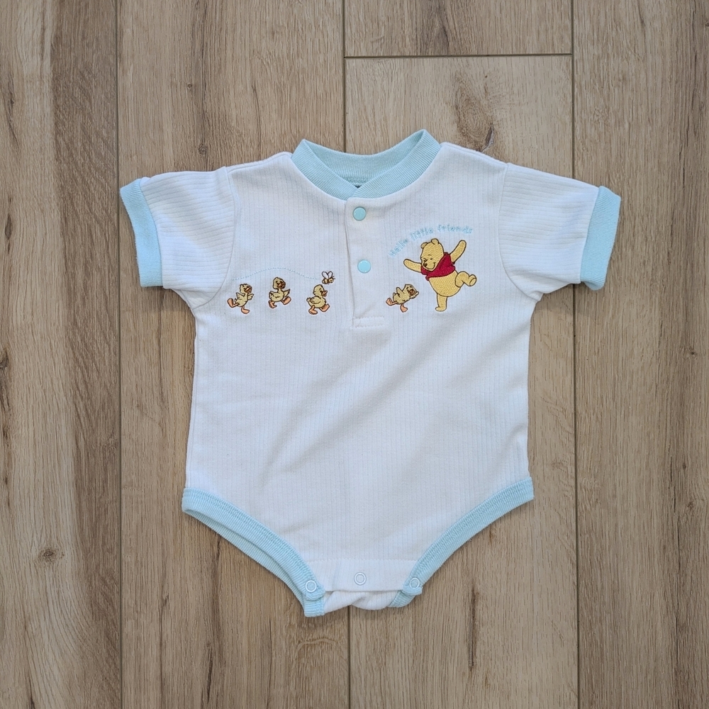 Vintage Disney Winnie the Pooh Embroidered Baby One Piece - White and Blue